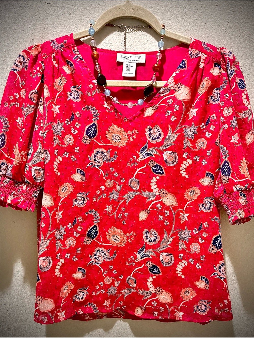 Rachel Zoe Coral-Pink Floral V-Neck Puff Sleeve Blouse